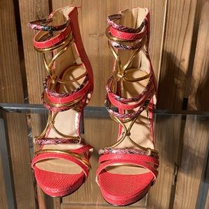 Exotic Hot Pink & Snake print & Gold strap, Stoestiletto Heels
